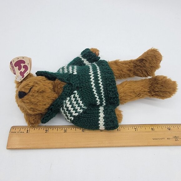 TY‎ Mason Teddy Bear Plush Dark Brown Jointed 8" Green Sweater NWT - Picture 4 of 4